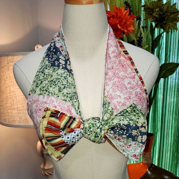 Hey Sue! Sz M Upcycled BoHo Faded Patchwork & Denim Sham Halter Top 70s Fun OOAK - Picture 1 of 8